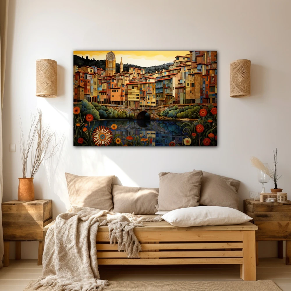Wall Art titled: Girona M'enamora in a Horizontal format with: Yellow, Red, and Green Colors; Decoration the Beige Wall wall