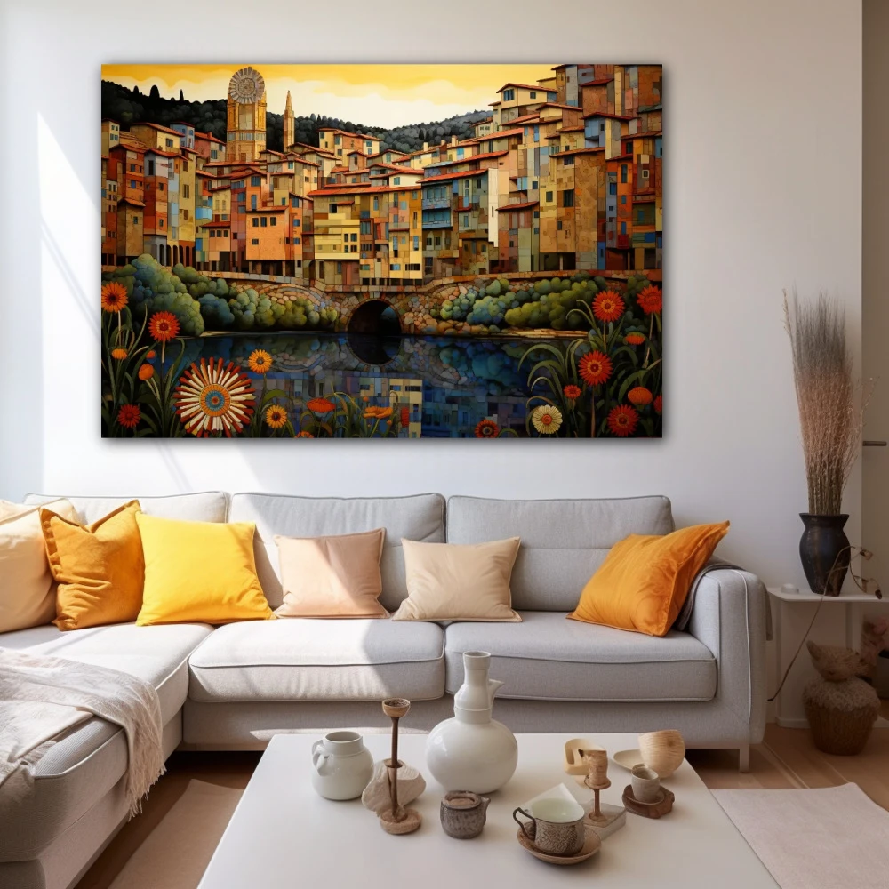 Wall Art titled: Girona M'enamora in a Horizontal format with: Yellow, Red, and Green Colors; Decoration the White Wall wall
