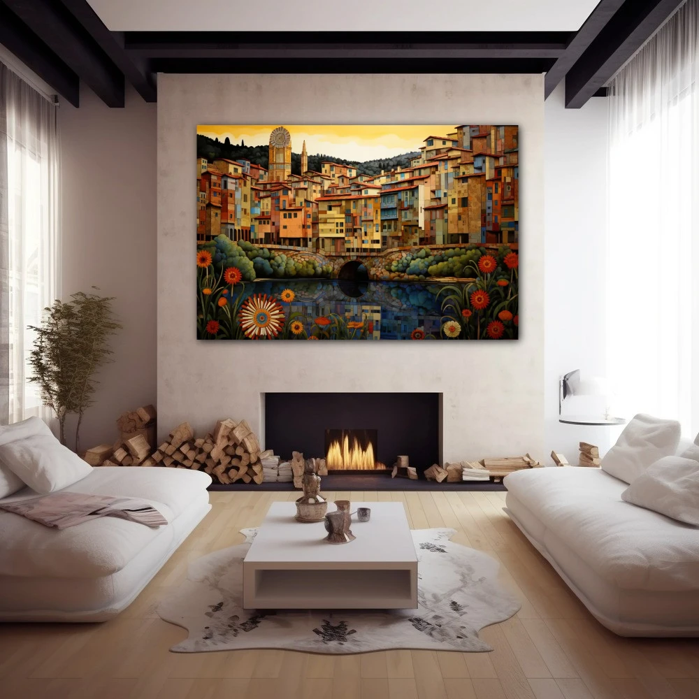 Wall Art titled: Girona M'enamora in a Horizontal format with: Yellow, Red, and Green Colors; Decoration the Fireplace wall