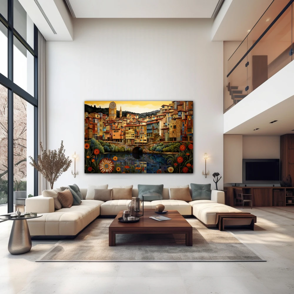 Wall Art titled: Girona M'enamora in a Horizontal format with: Yellow, Red, and Green Colors; Decoration the Above Couch wall