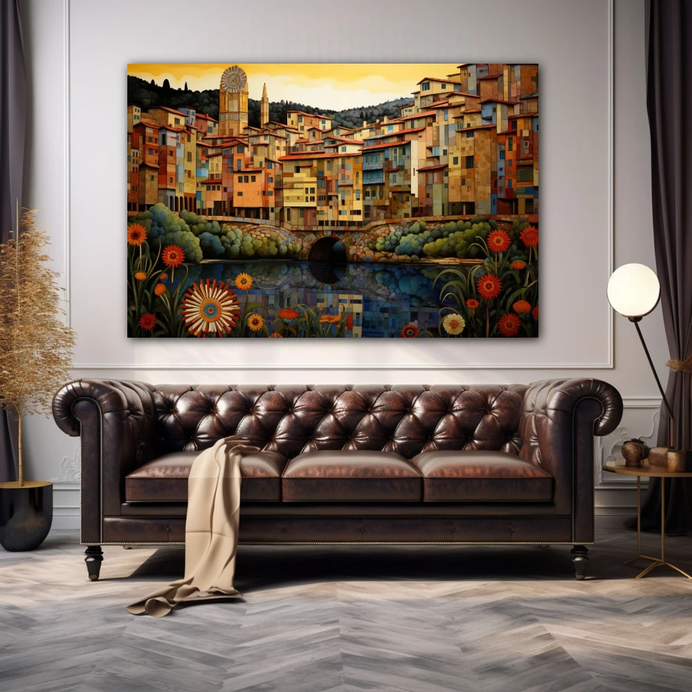 Wall Art titled: Girona M'enamora in a Horizontal format with: Yellow, Red, and Green Colors; Decoration the Above Couch wall