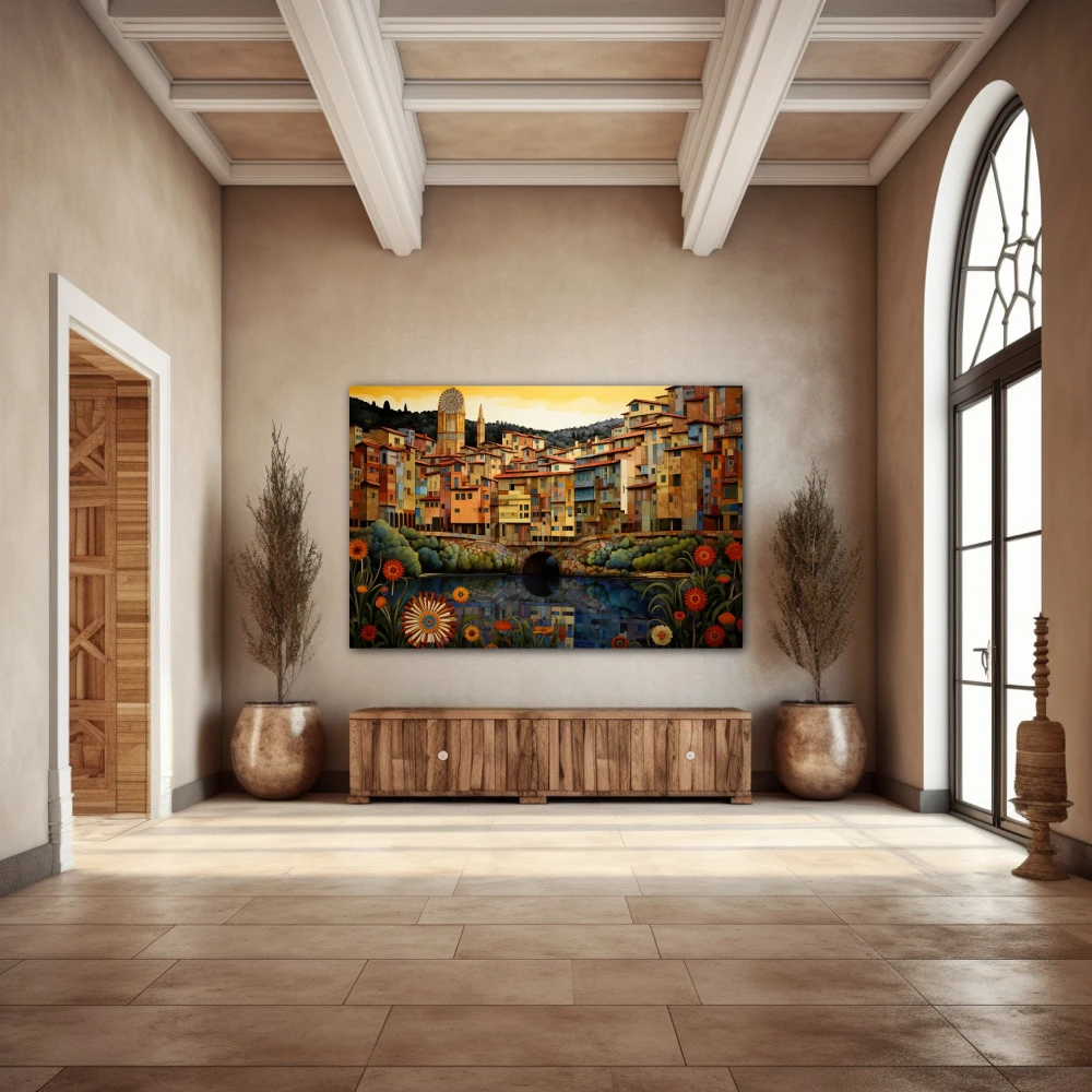 Wall Art titled: Girona M'enamora in a Horizontal format with: Yellow, Red, and Green Colors; Decoration the Entryway wall