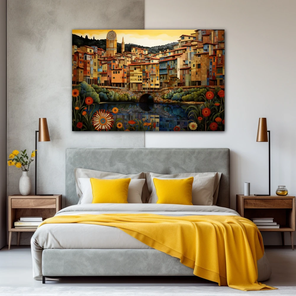 Wall Art titled: Girona M'enamora in a Horizontal format with: Yellow, Red, and Green Colors; Decoration the Bedroom wall