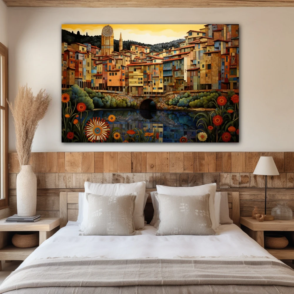 Wall Art titled: Girona M'enamora in a Horizontal format with: Yellow, Red, and Green Colors; Decoration the Bedroom wall