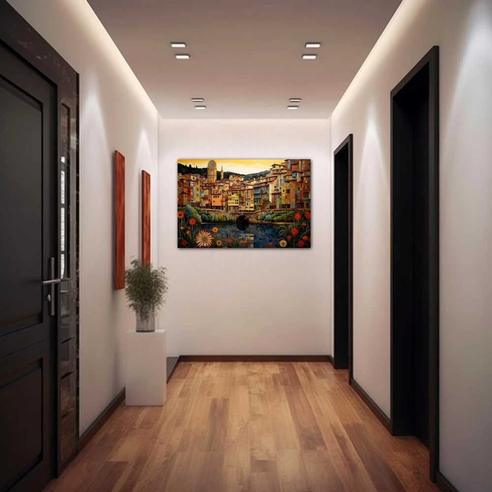 Wall Art titled: Girona M'enamora in a Horizontal format with: Yellow, Red, and Green Colors; Decoration the Hallway wall