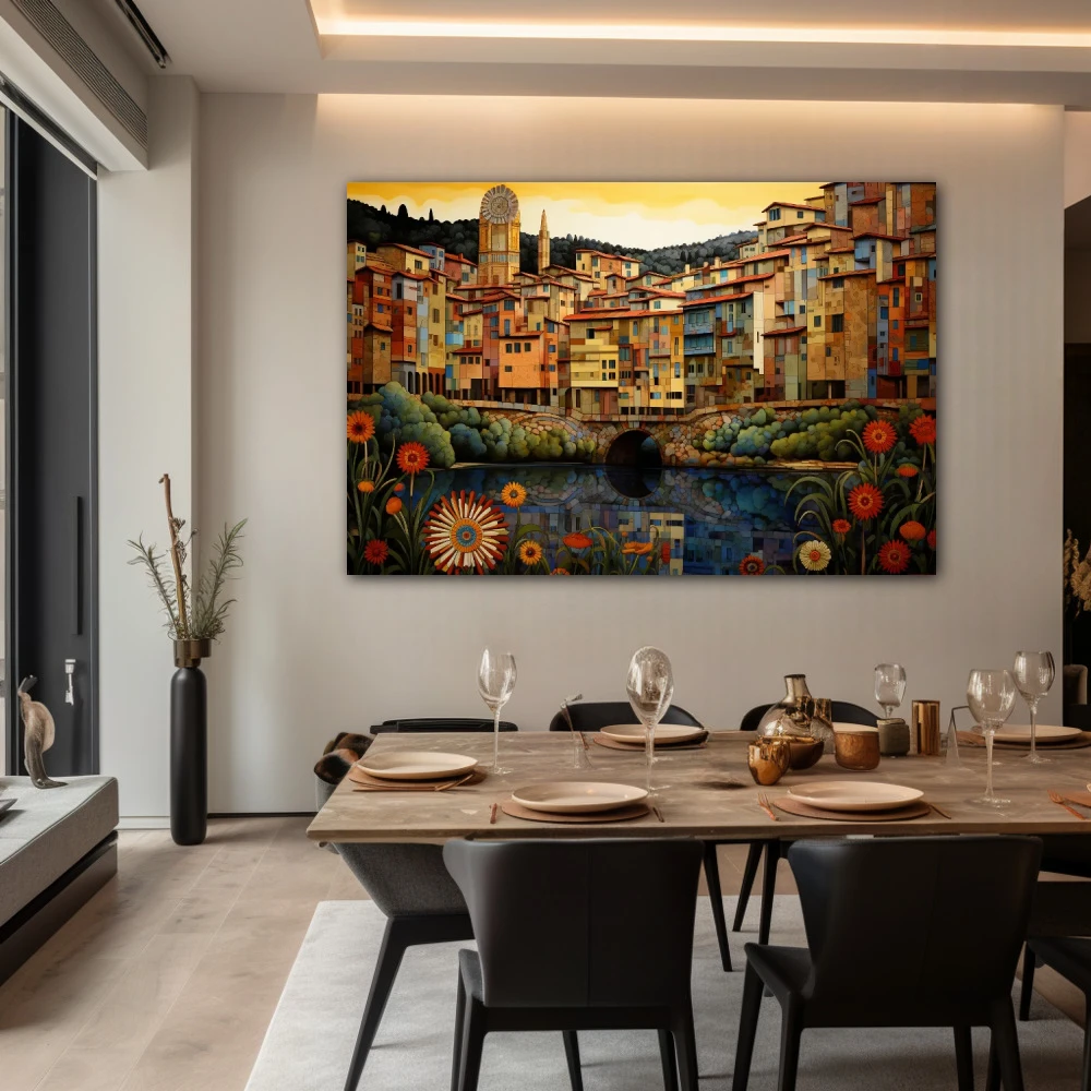 Wall Art titled: Girona M'enamora in a Horizontal format with: Yellow, Red, and Green Colors; Decoration the Living Room wall