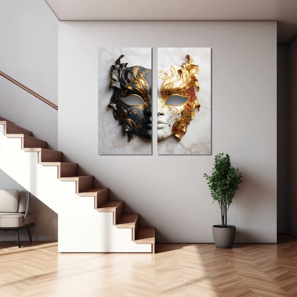 Wall Art titled: The Two Faces of Justice in a Square format with: white, Golden, and Grey Colors; Decoration the Staircase wall