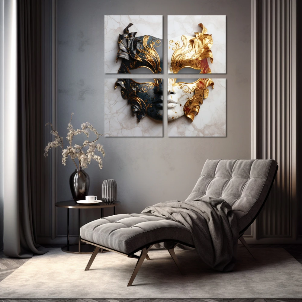 Wall Art titled: The Two Faces of Justice in a Square format with: white, Golden, and Grey Colors; Decoration the Grey Walls wall