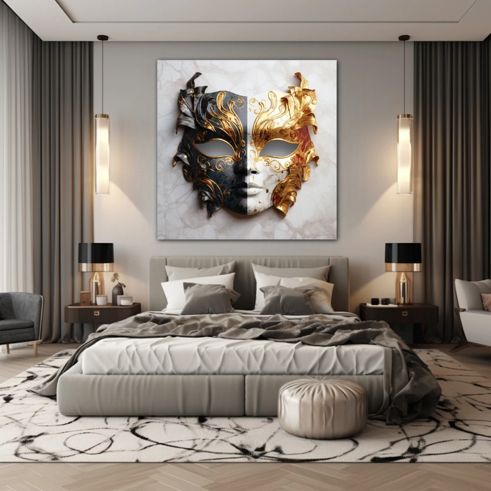 Wall Art titled: The Two Faces of Justice in a Square format with: white, Golden, and Grey Colors; Decoration the Bedroom wall