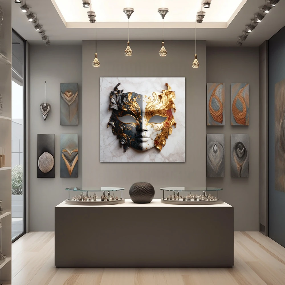 Wall Art titled: The Two Faces of Justice in a Square format with: white, Golden, and Grey Colors; Decoration the Jewellery wall