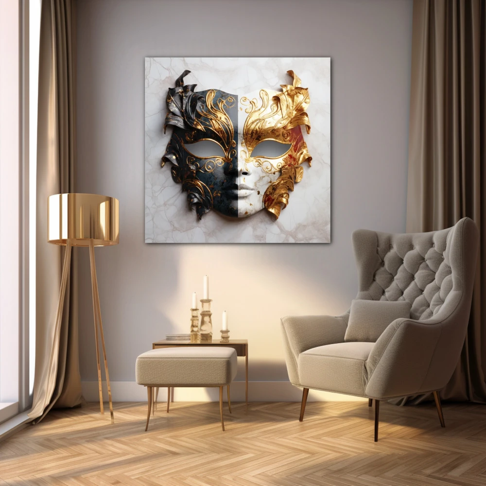 Wall Art titled: The Two Faces of Justice in a Square format with: white, Golden, and Grey Colors; Decoration the Living Room wall