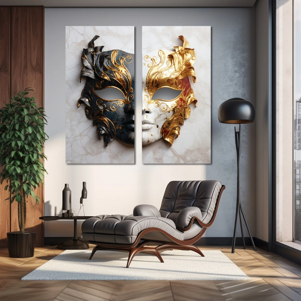 Wall Art titled: The Two Faces of Justice in a Square format with: white, Golden, and Grey Colors; Decoration the Living Room wall