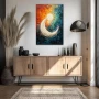 Wall Art titled: Lunar Circle in a Vertical format with: white, Sky blue, and Orange Colors; Decoration the Sideboard wall