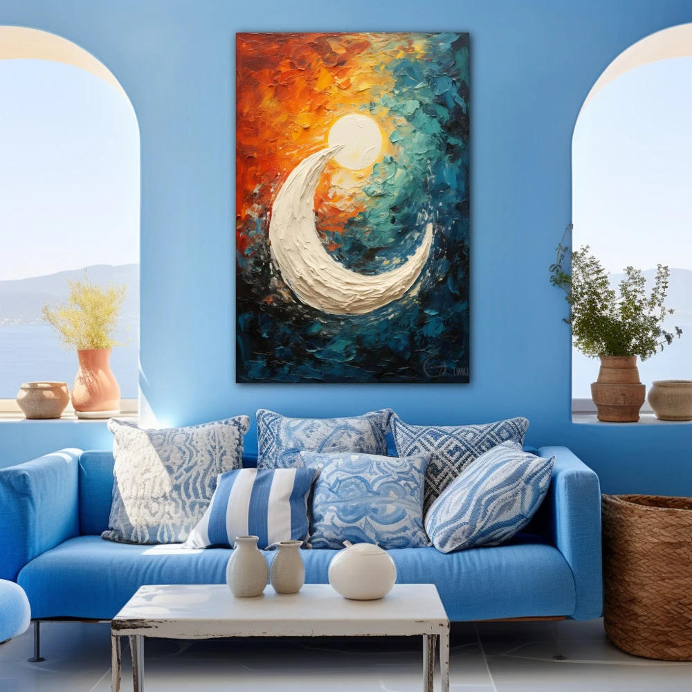 Cuadro círculo lunar en formato vertical con colores blanco, celeste, naranja; decorando pared azul