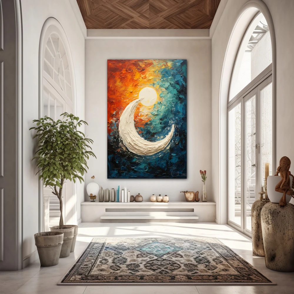 Wall Art titled: Lunar Circle in a Vertical format with: white, Sky blue, and Orange Colors; Decoration the Entryway wall