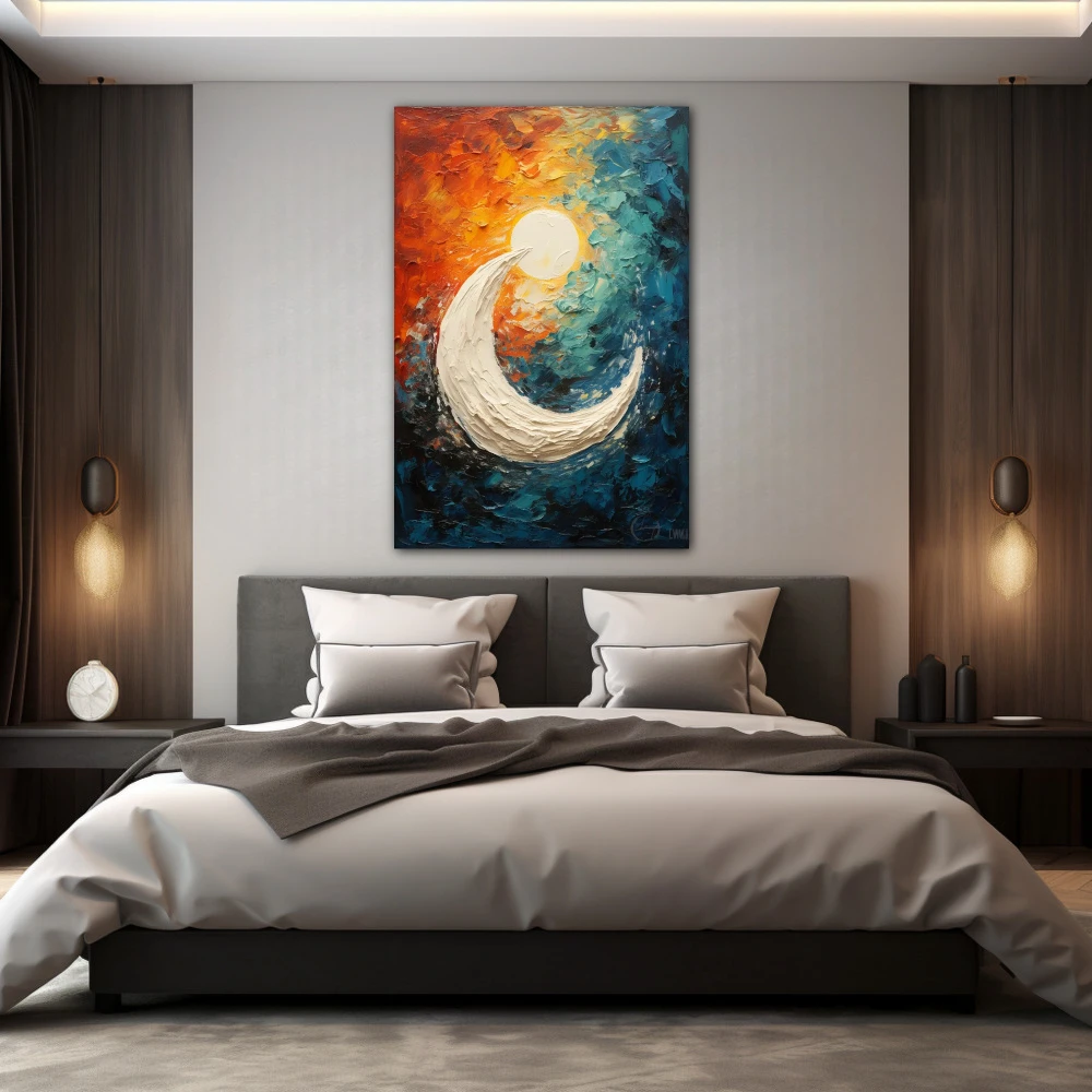 Wall Art titled: Lunar Circle in a Vertical format with: white, Sky blue, and Orange Colors; Decoration the Bedroom wall