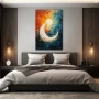 Wall Art titled: Lunar Circle in a Vertical format with: white, Sky blue, and Orange Colors; Decoration the Bedroom wall