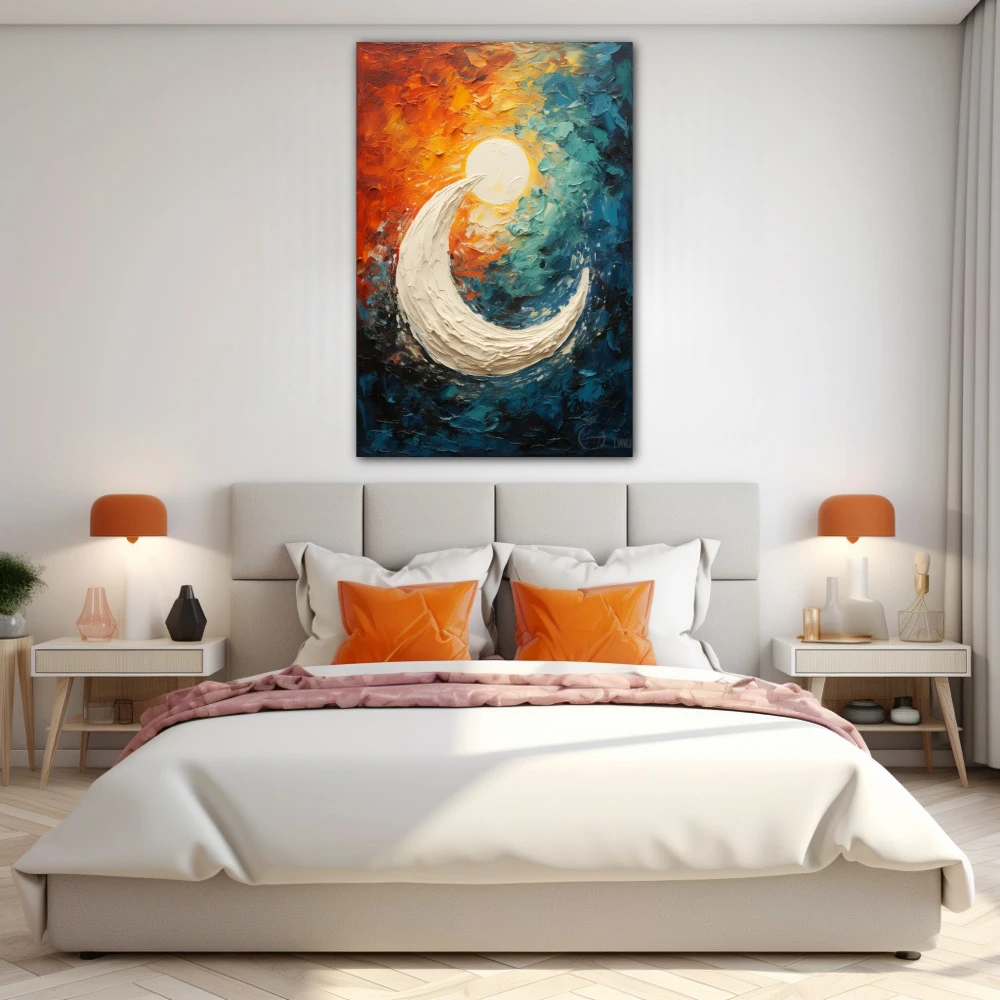 Cuadro círculo lunar en formato vertical con colores blanco, celeste, naranja; decorando pared de habitación dormitorio