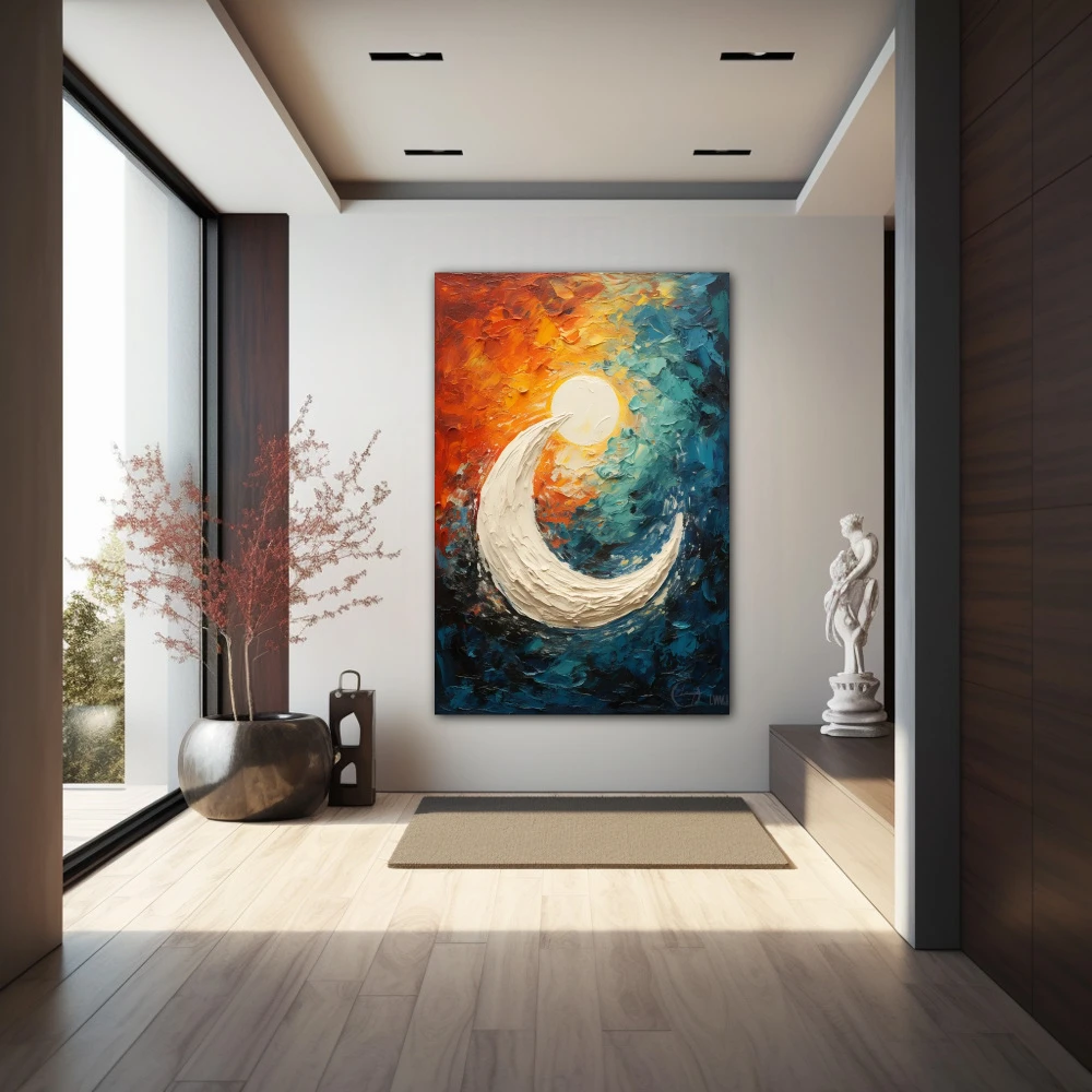 Wall Art titled: Lunar Circle in a Vertical format with: white, Sky blue, and Orange Colors; Decoration the Hallway wall