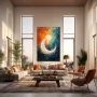 Wall Art titled: Lunar Circle in a Vertical format with: white, Sky blue, and Orange Colors; Decoration the Living Room wall