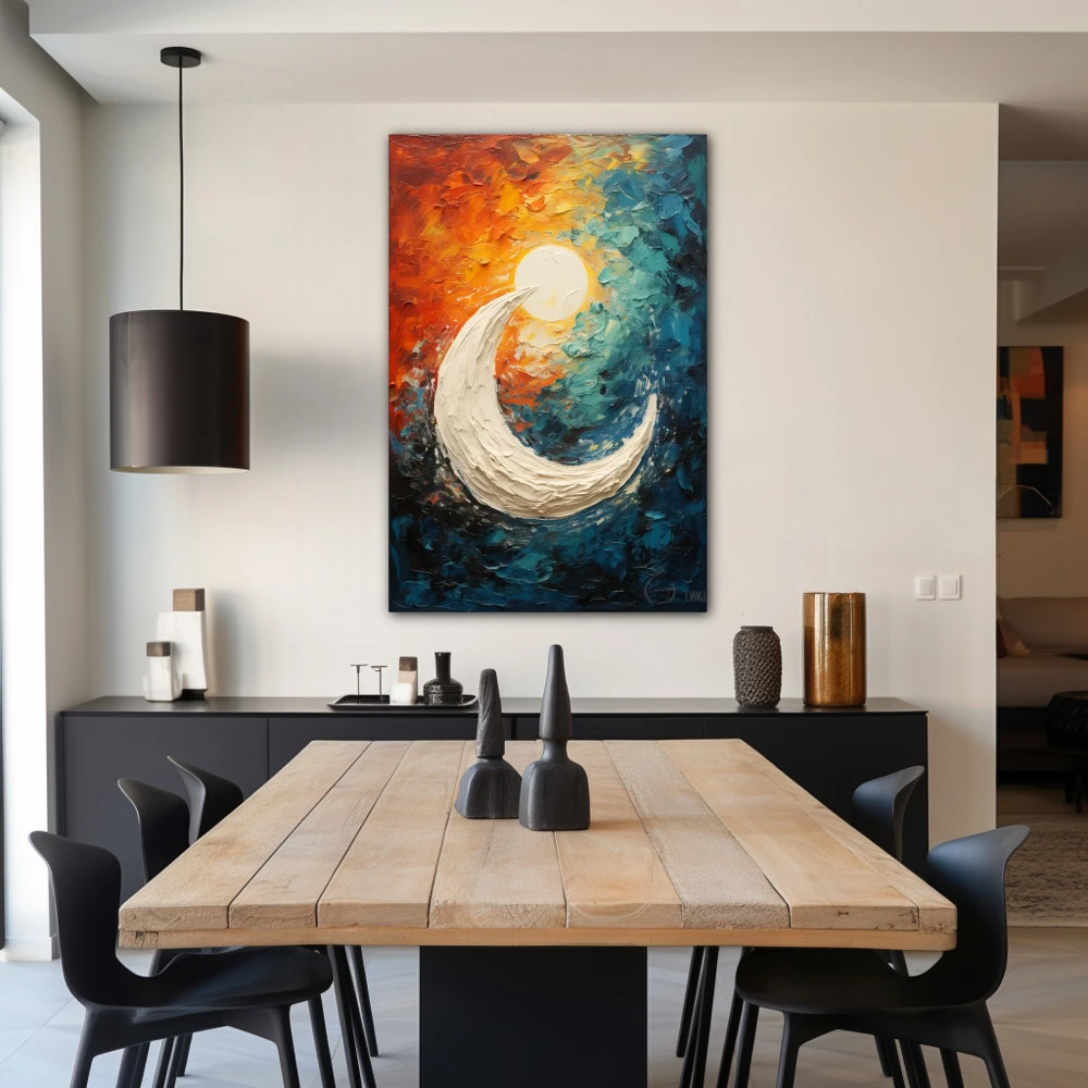 Cuadro círculo lunar en formato vertical con colores blanco, celeste, naranja; decorando pared de salón comedor