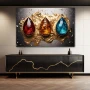 Wall Art titled: Courage, Optimism, and Tranquility in a Horizontal format with: Sky blue, Golden, and Red Colors; Decoration the Sideboard wall