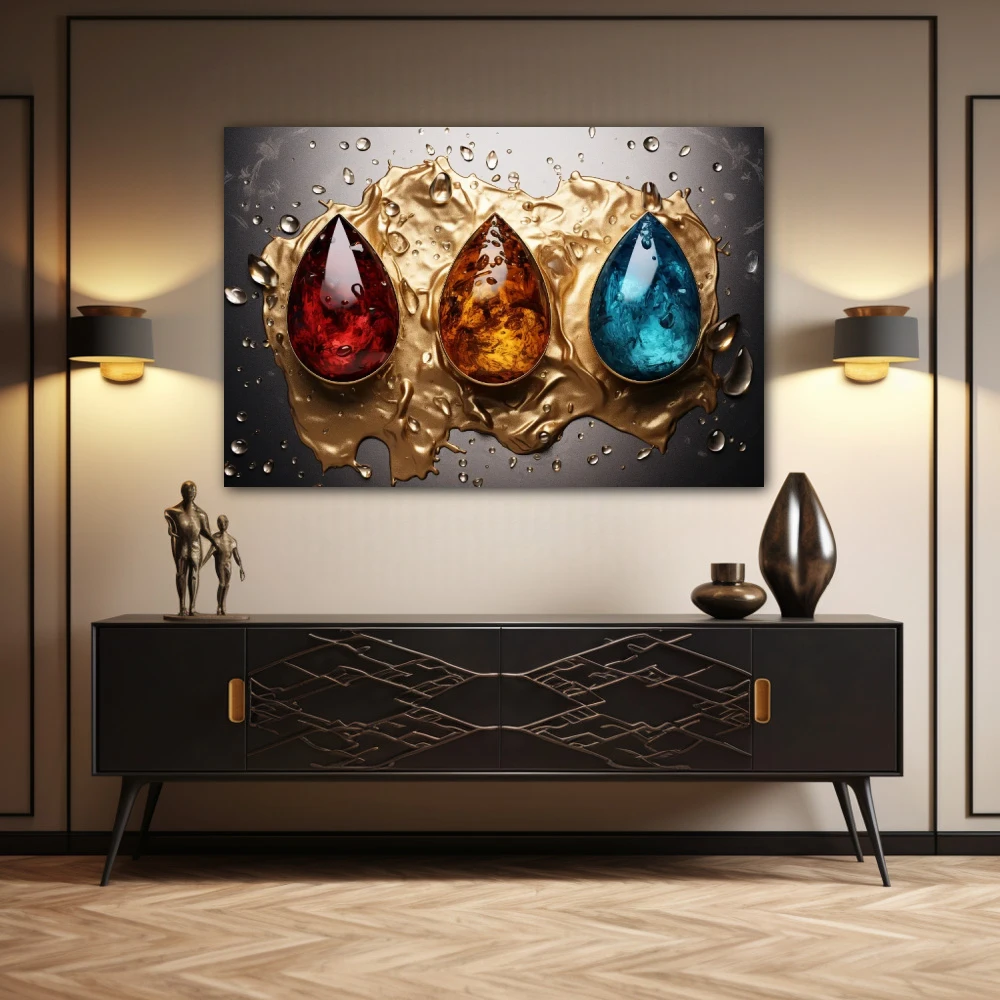 Wall Art titled: Courage, Optimism, and Tranquility in a Horizontal format with: Sky blue, Golden, and Red Colors; Decoration the Sideboard wall