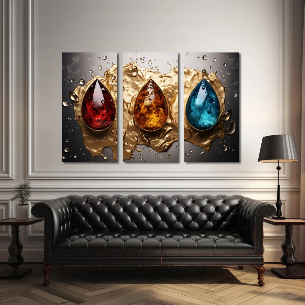 Wall Art titled: Courage, Optimism, and Tranquility in a Horizontal format with: Sky blue, Golden, and Red Colors; Decoration the Above Couch wall