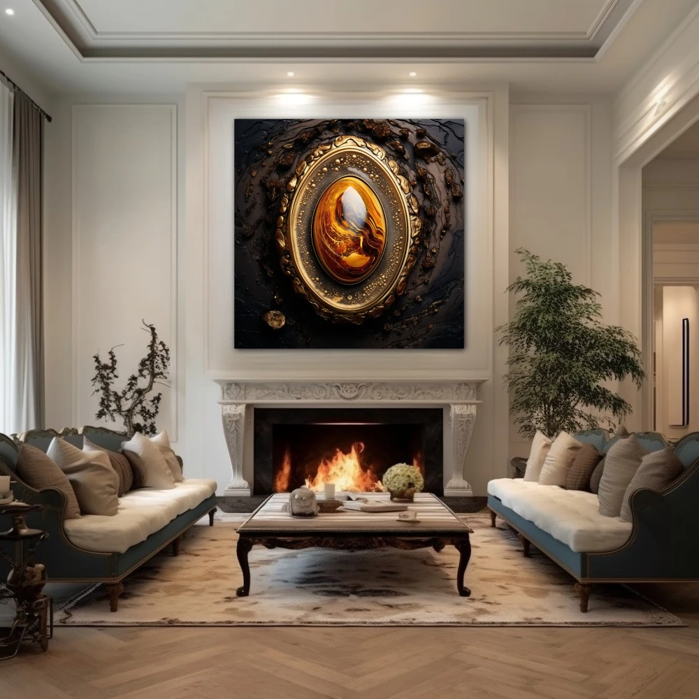 Wall Art titled: My Inner Glow in a Square format with: Golden, Brown, and Orange Colors; Decoration the Fireplace wall