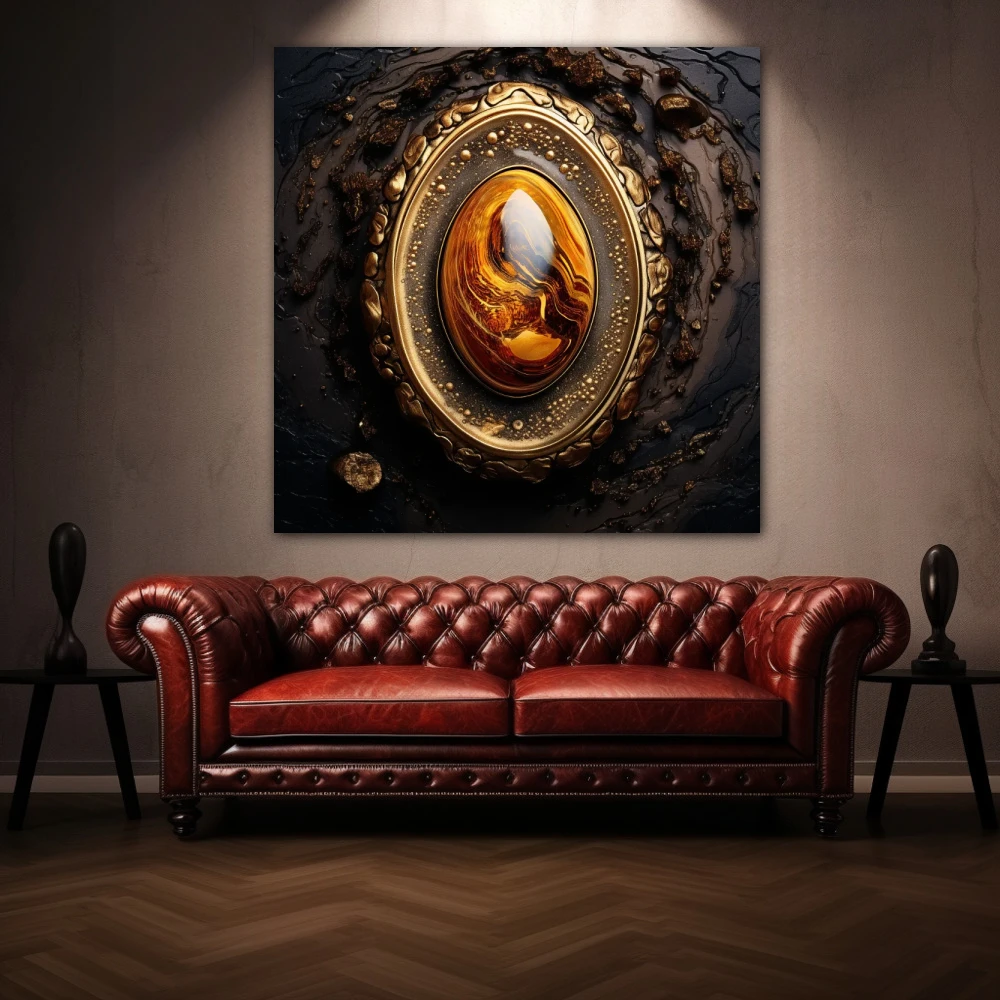 Cuadro mi brillo interior en formato cuadrado con colores dorado, marrón, naranja; decorando pared de encima del sofá