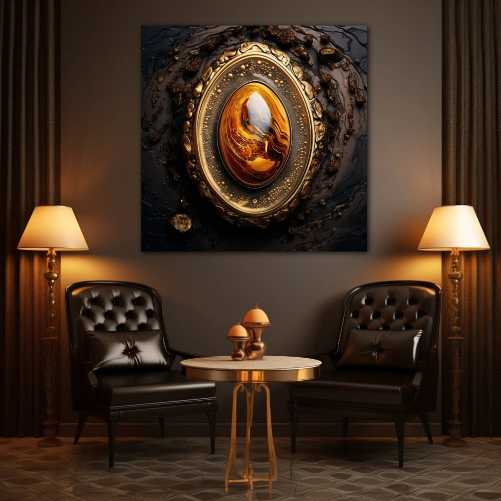 Cuadro mi brillo interior en formato cuadrado con colores dorado, marrón, naranja; decorando pared de salón comedor