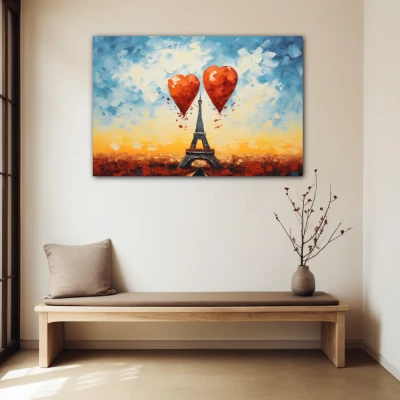 Wall Art titled: The City of Love in a Horizontal format with: Blue, Orange, and Red Colors; Decoration the Beige Wall wall
