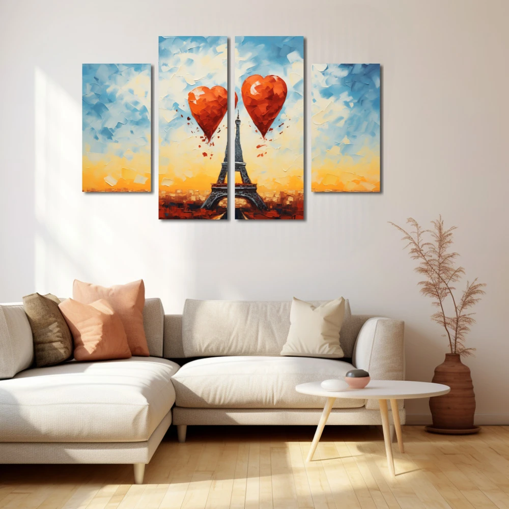 Wall Art titled: The City of Love in a Horizontal format with: Blue, Orange, and Red Colors; Decoration the Beige Wall wall