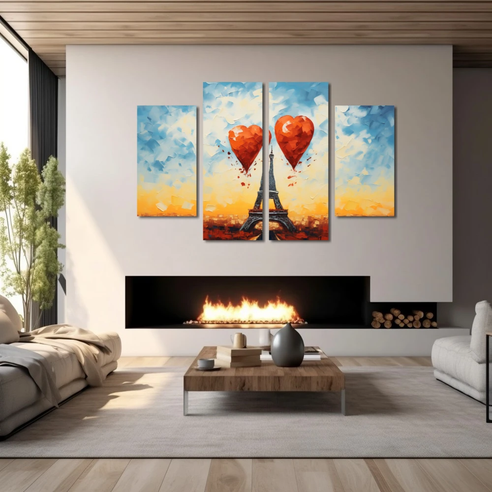 Wall Art titled: The City of Love in a Horizontal format with: Blue, Orange, and Red Colors; Decoration the Fireplace wall