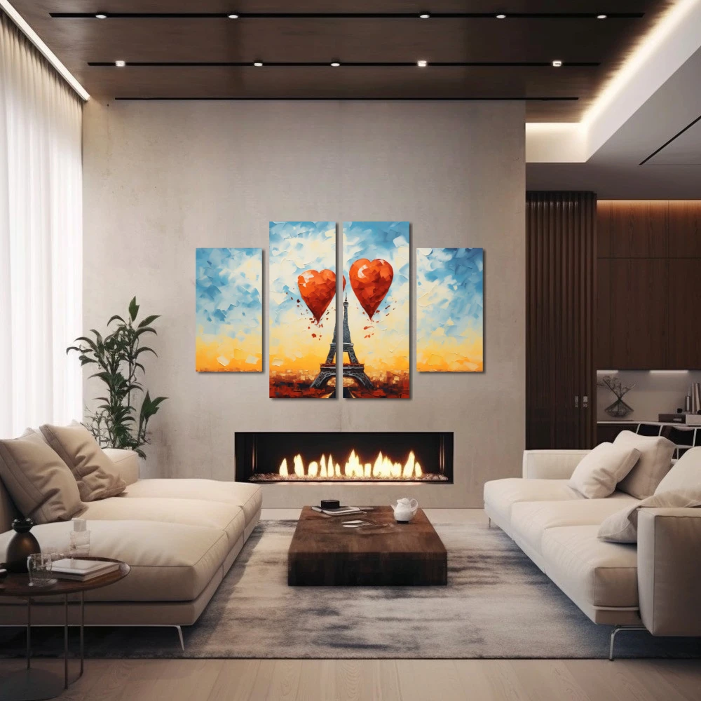 Wall Art titled: The City of Love in a Horizontal format with: Blue, Orange, and Red Colors; Decoration the Fireplace wall
