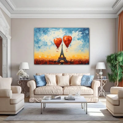 Wall Art titled: The City of Love in a Horizontal format with: Blue, Orange, and Red Colors; Decoration the Above Couch wall