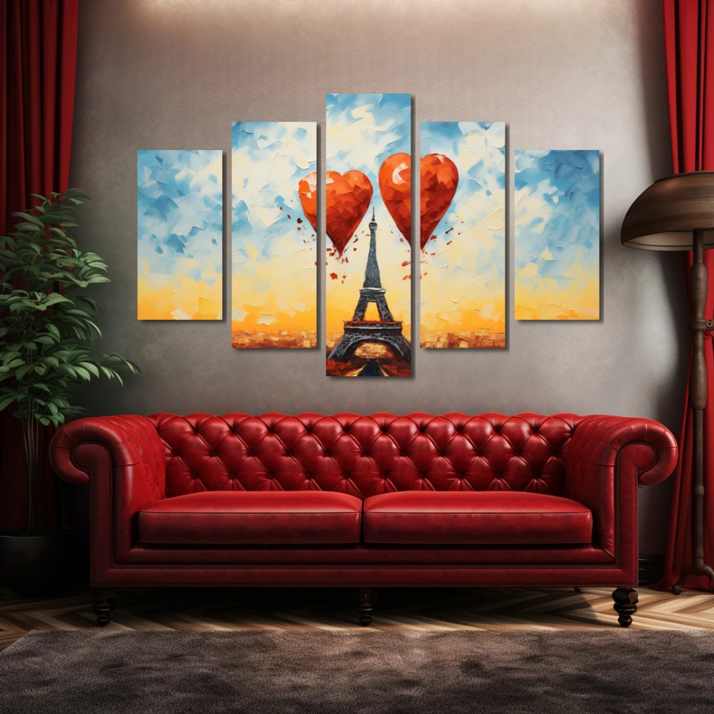Cuadro la ciudad del amor en formato políptico con colores azul, naranja, rojo; decorando pared de encima del sofá