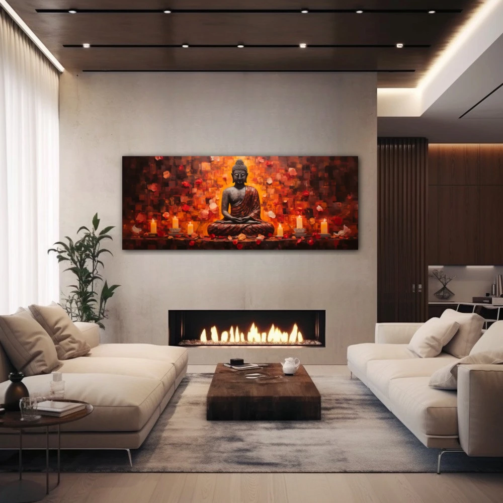 Wall Art titled: My Inner Peace in a Elongated format with: Mustard, Orange, and Red Colors; Decoration the Fireplace wall