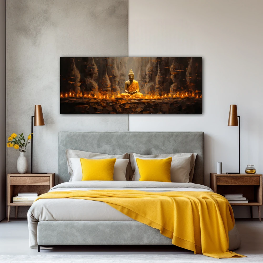 Wall Art titled: Happiness is within in a Elongated format with: Yellow, Brown, and Mustard Colors; Decoration the Bedroom wall