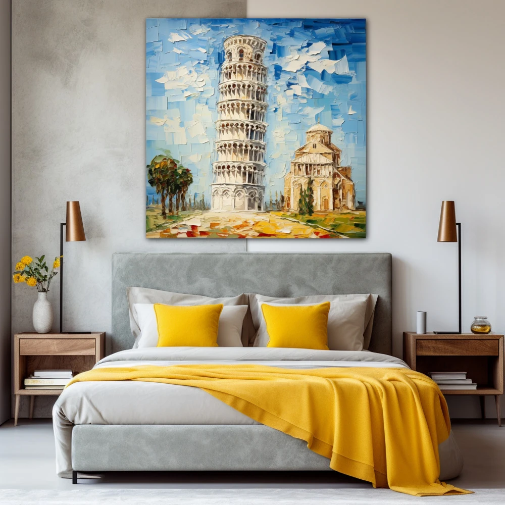 Wall Art titled: Pisa: Where Emotions Lean in a Square format with: Blue, white, and Beige Colors; Decoration the Bedroom wall