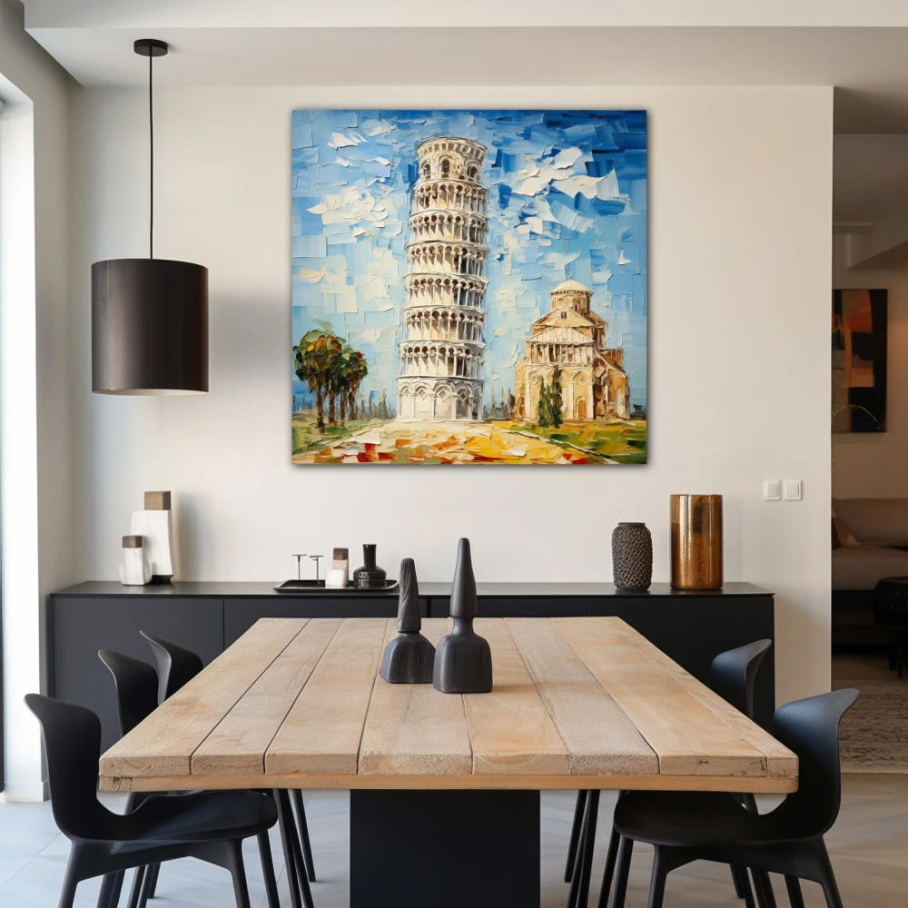 Wall Art titled: Pisa: Where Emotions Lean in a Square format with: Blue, white, and Beige Colors; Decoration the Living Room wall
