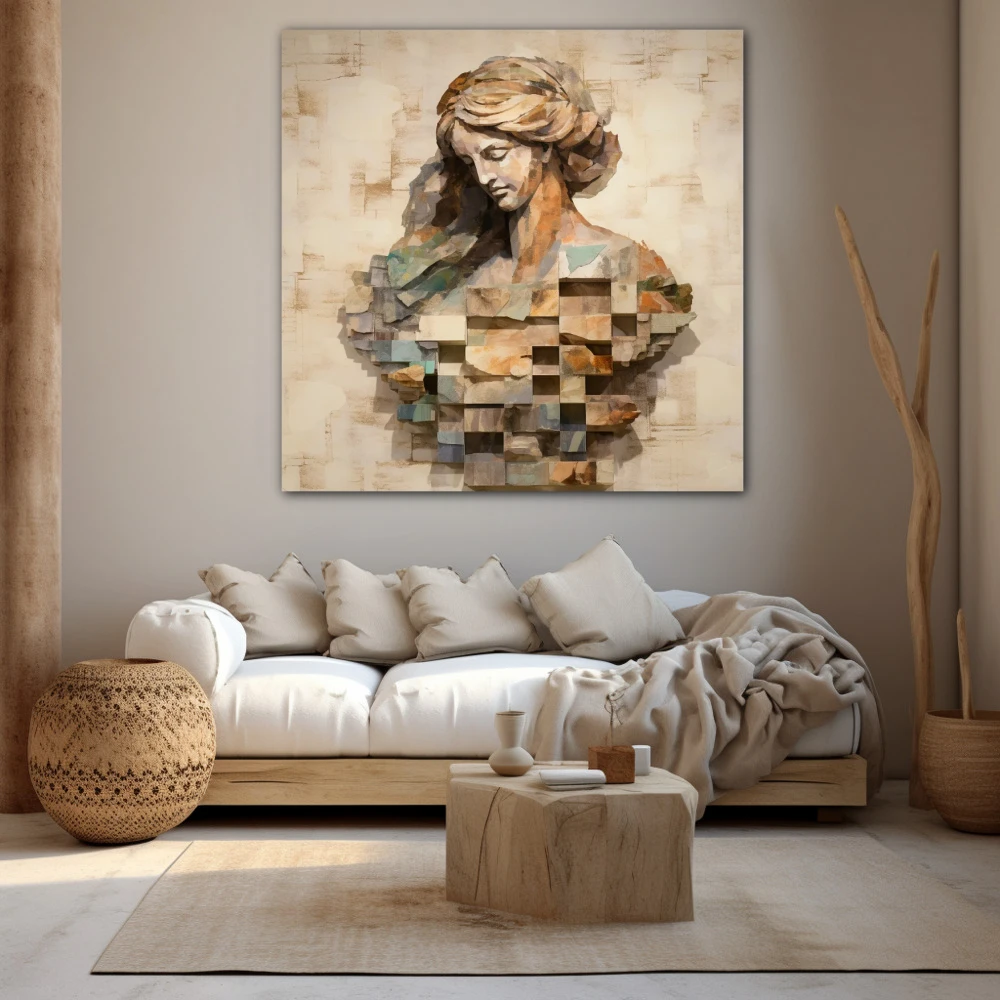 Cuadro la dama tallada en formato cuadrado con colores gris, marrón, monocromático; decorando pared beige