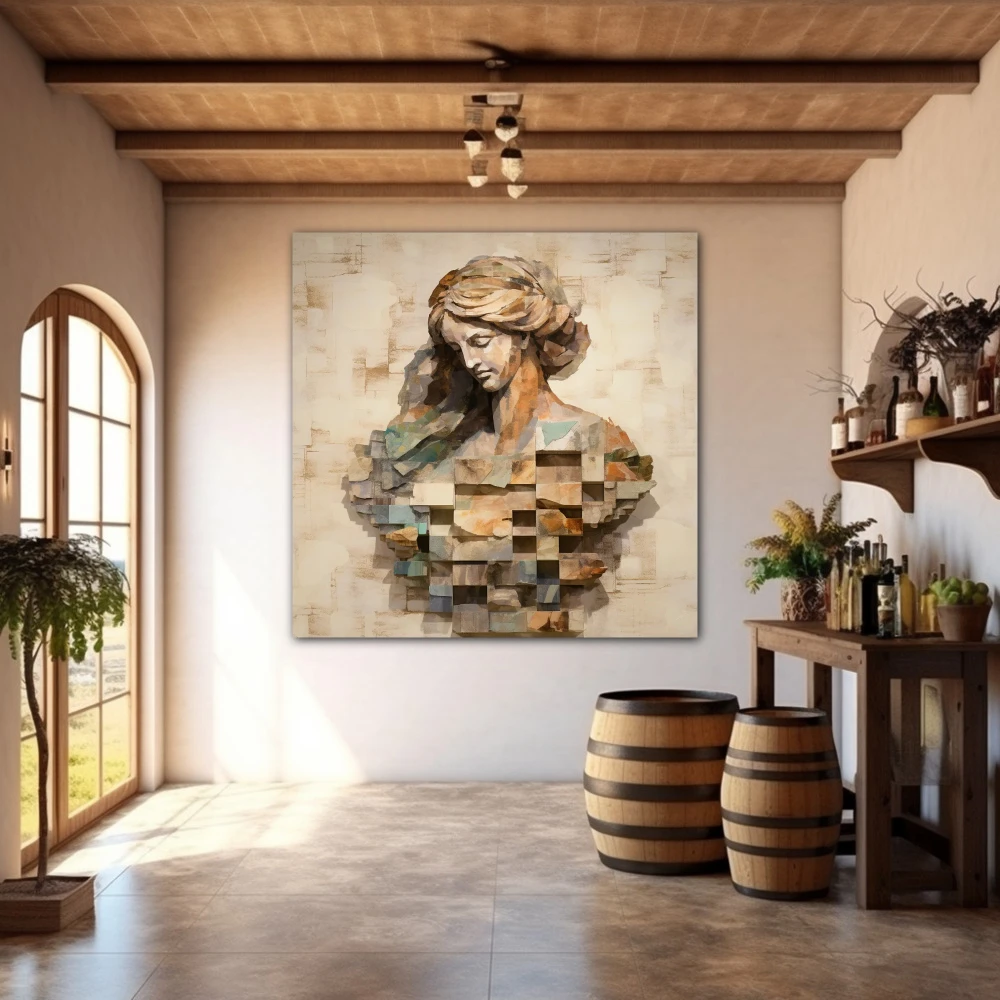 Wall Art titled: The Carved Lady in a Square format with: Grey, Brown, and Monochromatic Colors; Decoration the Winery wall