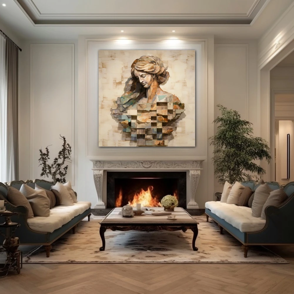 Wall Art titled: The Carved Lady in a Square format with: Grey, Brown, and Monochromatic Colors; Decoration the Fireplace wall