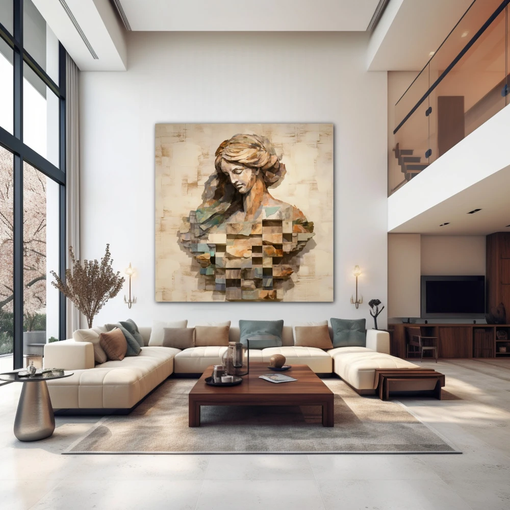 Wall Art titled: The Carved Lady in a Square format with: Grey, Brown, and Monochromatic Colors; Decoration the Above Couch wall