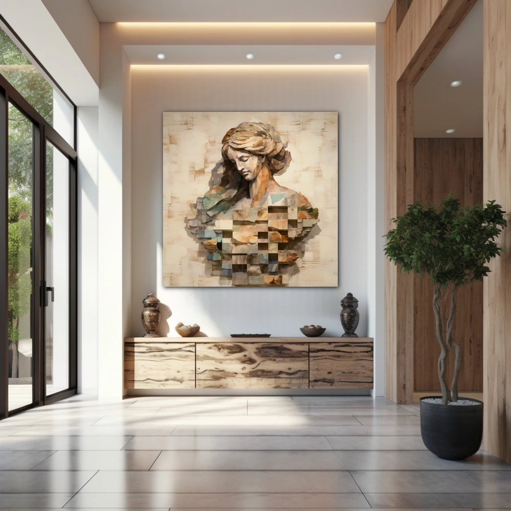 Wall Art titled: The Carved Lady in a Square format with: Grey, Brown, and Monochromatic Colors; Decoration the Entryway wall