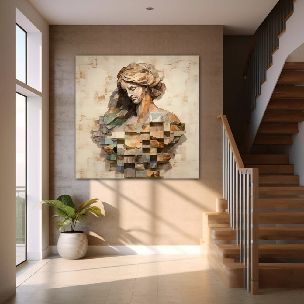 Wall Art titled: The Carved Lady in a Square format with: Grey, Brown, and Monochromatic Colors; Decoration the Staircase wall