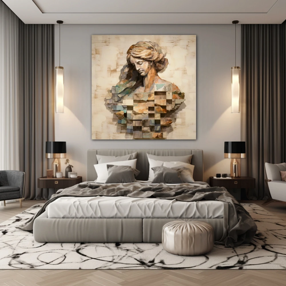 Cuadro la dama tallada en formato cuadrado con colores gris, marrón, monocromático; decorando pared de habitación dormitorio