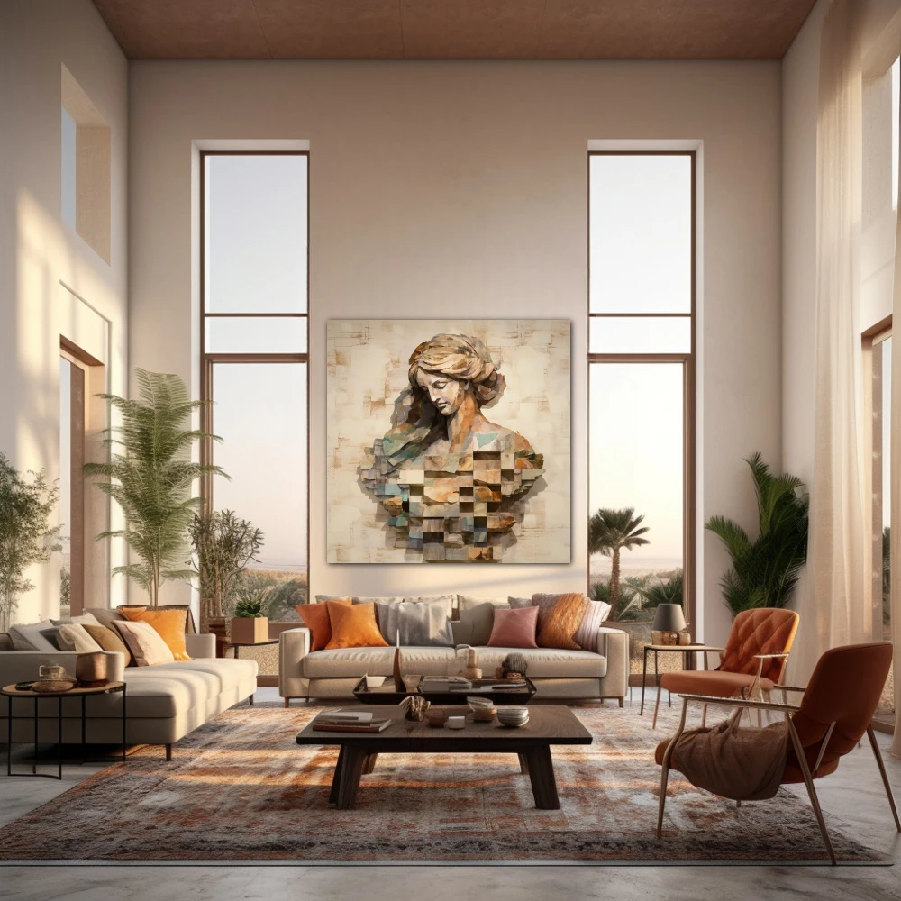 Wall Art titled: The Carved Lady in a Square format with: Grey, Brown, and Monochromatic Colors; Decoration the Living Room wall