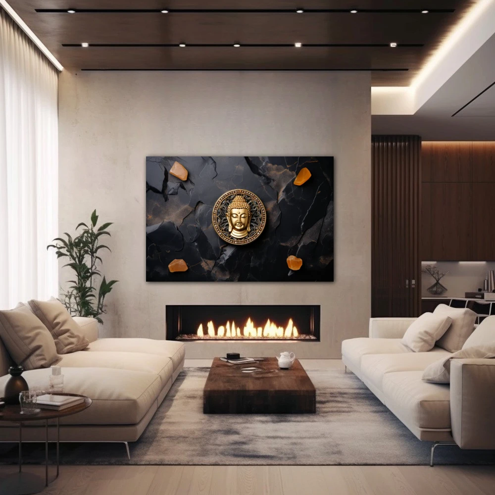 Wall Art titled: The Center of Emotional Balance in a Horizontal format with: Golden, and Black Colors; Decoration the Fireplace wall